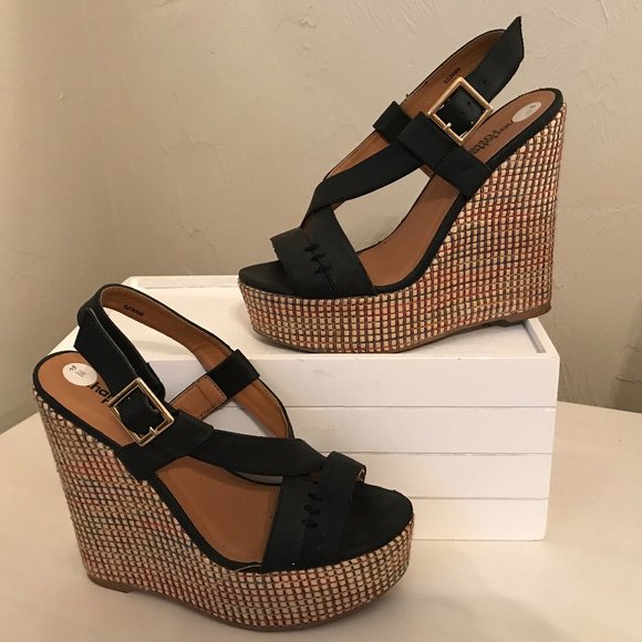 Host Pick!! 🎉🎉 Charlotte Russe Blue Tan Platform Espadrille Wedge Shoes Size 6 - Picture 1 of 6
